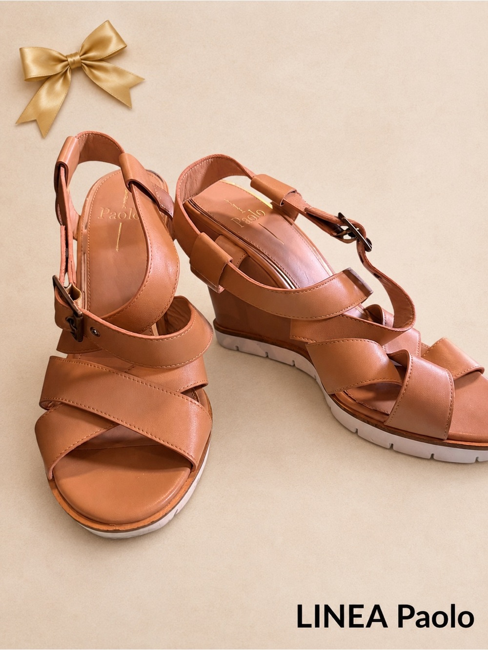 Linea Paolo Tan Leather Crossover Wedge Sandals Size 9M Comfort Shoes